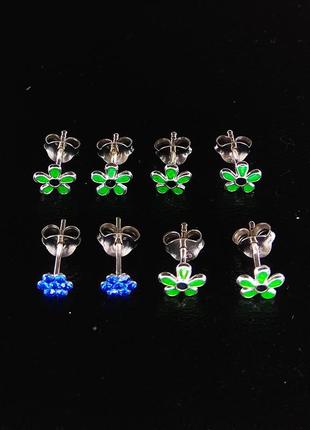 Серебряные женские серьги-гвоздики набор 4 комплекта