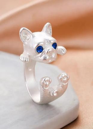 Кольцо серебряная собачка собака пес с синими глазами фианитам...