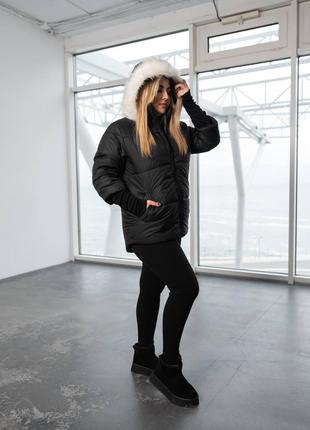 Женская теплая куртка с капюшоном на меху цвет черный р.60/62 ...