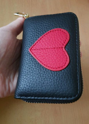 Чорний шкіряний гаманець Дитячий жіночий з червоним серцем Casual
