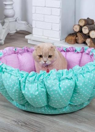 Лежак -корзинка для кота і собаки м'ятний з рожевим