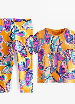 Летний яркий костюм для девочки в бабочки, футболка с лосинами