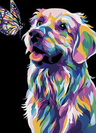 Картина за номерами на чорному фоні "Поп-арт собака з метелико...