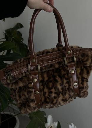 Леопардовая пушистая сумка винтаж эко мех