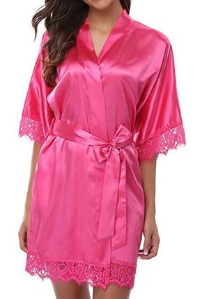 Комплект атласный домашний халат + трусики Розовый Размер L
