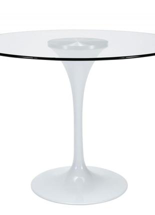 Стіл скляний обідній тюльпан, прозорий, опора столу біла білий