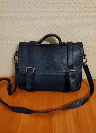 Синяя кожаная сумка портфель zara