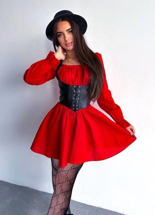 Неверояное Платье мини с шнуровкой котон + эко кожа красный