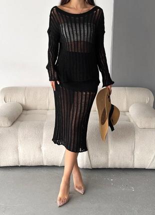 Трикотажный комплект (приталенная юбка миди+лонгслив) черный