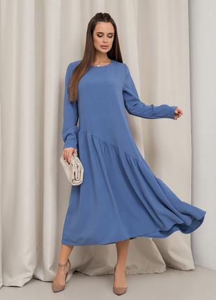 Голубое платье с асимметричным воланом, размер S