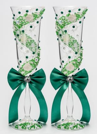 Свадебные бокалы "Винт цветов", ручная работа, зеленый цвет, 2...