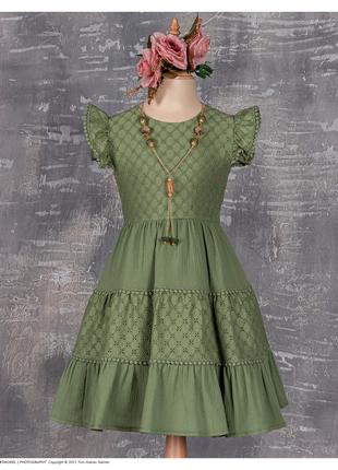 Нарядное платье для девочки с коротким рукавом оливковый Турци...