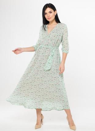 Шифоновое платье с акварельными цветами (мята)
