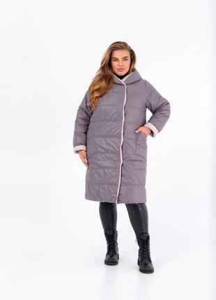 Жіноче двостороннє пальто на кнопках сірий з пудровим 25205 n