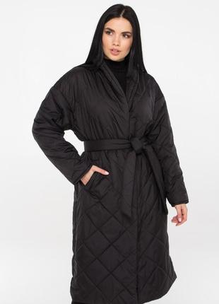 Стильное стеганое пальто с поясом(черный)