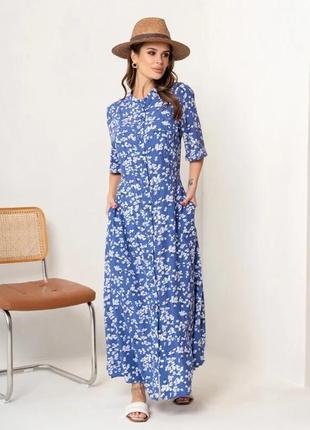 Блакитна квіткова сукня-сорочка з розрізами m