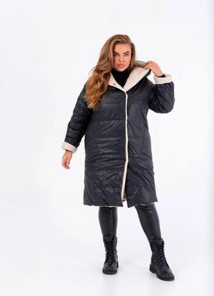 Жіноче двостороннє пальто на кнопках чорне з молочним 25203 n