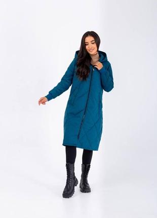 Жіноче пальто стьобане з капюшоном кольору морска хвиля 25260 n