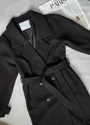 Черное демисезонное длинное оверсайз пальто кашемировое с поясом