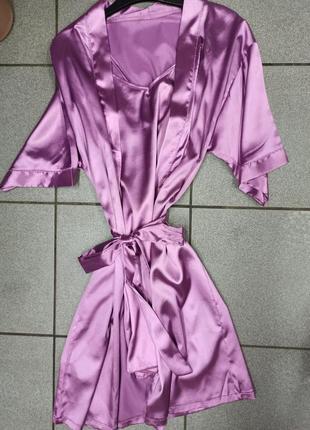 Атласный комплект халат ночной сорочки атлас