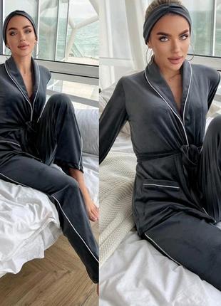 Теплая бархатная пижама домашний костюм повязка серый костюм