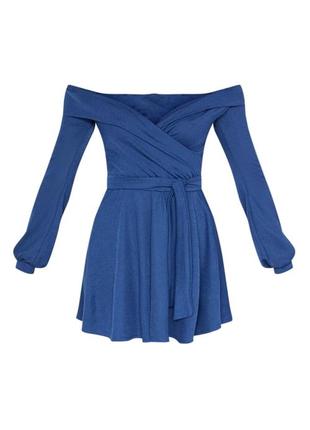 Темно-синее платье бардо с длинным рукавом prettylittlething н...