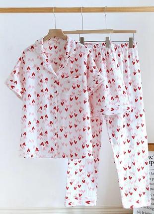 Муслиновая пижама домашний костюм в сердечки сердечка тройка s...