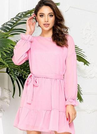 Короткое шифоновое платье с поясом, розового цвета, 153r2163
