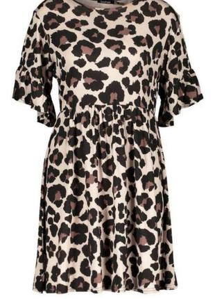 Леопардовое платье с резинкой на талии и рукавами рюшами