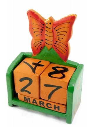 Вечный календарь "бабочка" дерево зеленая(15х10х5 см)