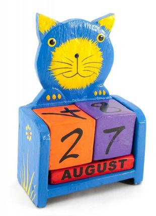 Вічний календар "кіт" дерево синій (15х10х5 см)