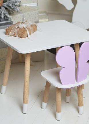 Белый прямоугольный столик и стульчик детский фиолетовый бабоч...