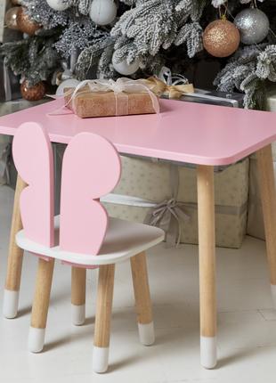 Розовый прямоугольный столик и стульчик детский бабочка с белы...