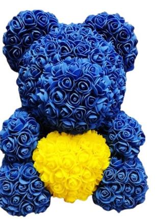 Мишка из роз с сердцем 35 см  сине желтый