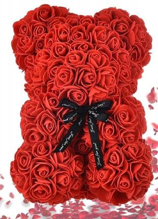 Мишко з троянд червоний з стрічкою 25 см