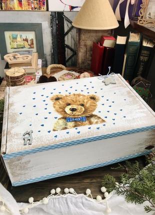Подарочная праздничная коробка бокс «медвежонок» синяя для мал...