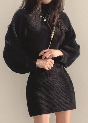 Черное ангоровое платье + свитер