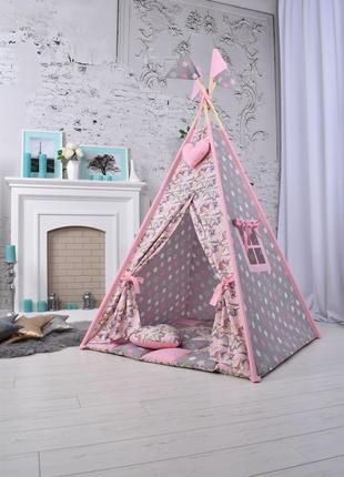 Детская палатка набор Вигвам с Единорогами для девочки с коври...