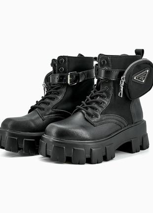 Prada Leather Boots Nylon Pouch Black