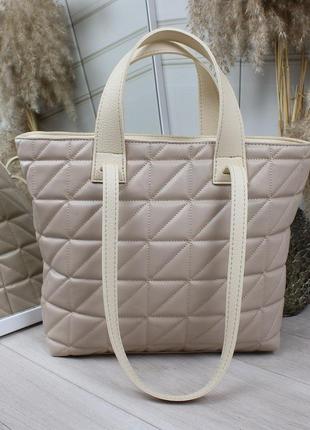 Женская стильная и качественная сумка шоппер из эко кожи бежевая