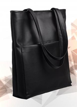 Вместительная черная женская сумка шоппер с двумя ручками и бо...