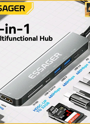 Essager USB Hub 7 в 1 , концентратор, хаб,переходник, HDMI,type-C