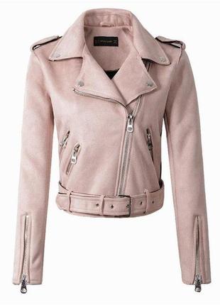 Замшевая женская  куртка косуха розовая l(46)