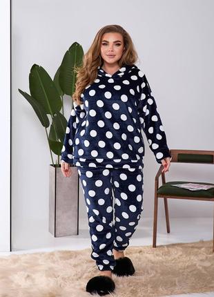Женская махровая пижама в горох цвет синий р.48/52 448331