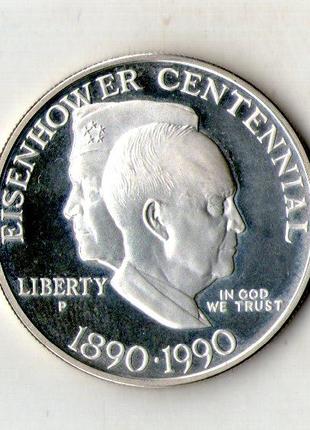 США 1 долар 1990 рік 100 років Езейхауера срібло 900 пр. 26.7 гр.