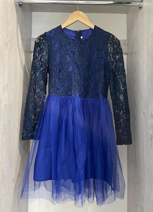 Сукня жіноча з фатиновою спідницею та гіпюром в синьому кольорі