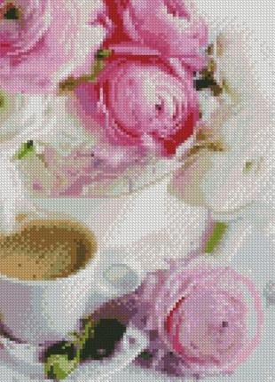 Алмазная мозаика розы и кофе 30х40см круглые камни-стразы, на ...