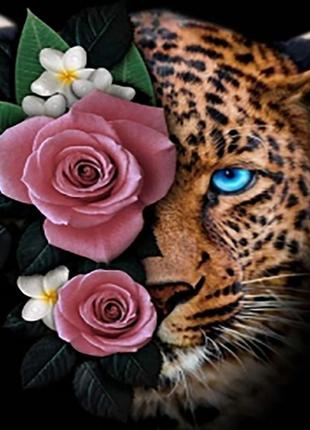 Алмазная мозаика леопард в цветках 40х50см круглые камни-страз...