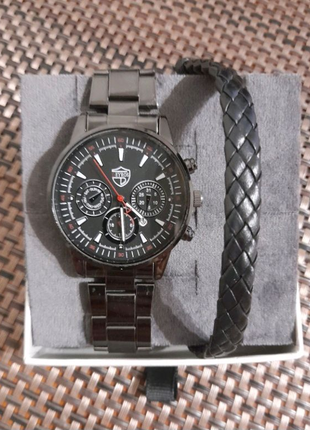 Мужские кварцевые наручные часы в комплекте с плетеным браслетом