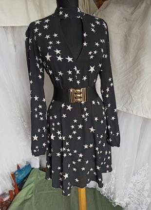 Шелковое черное платье со звездами. 42р